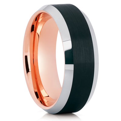 Rose Gold Tungsten Wedding Band - Beveled Edges - Black Tungsten Ring - Clean Casting Jewelry
