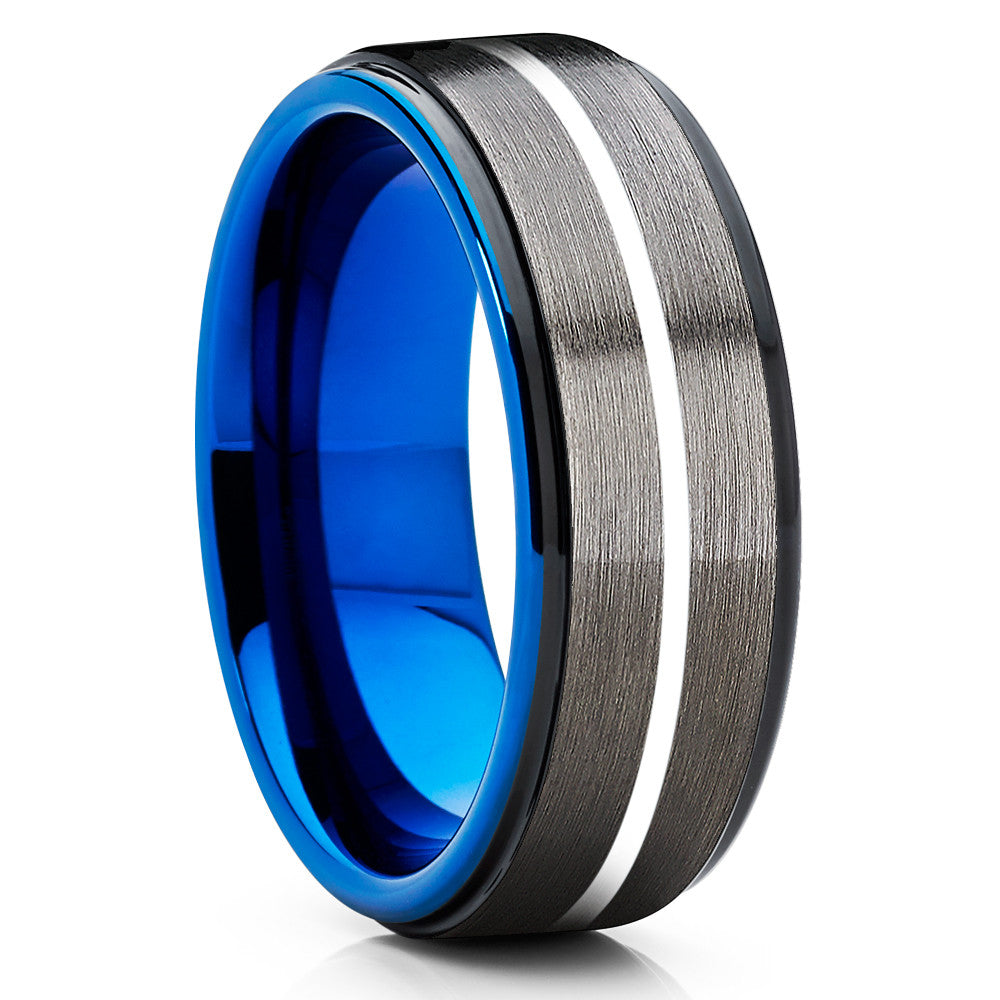 Blue Tungsten Wedding Band - Gunmetal Ring - Blue Tungsten Band - 8mm - Clean Casting Jewelry