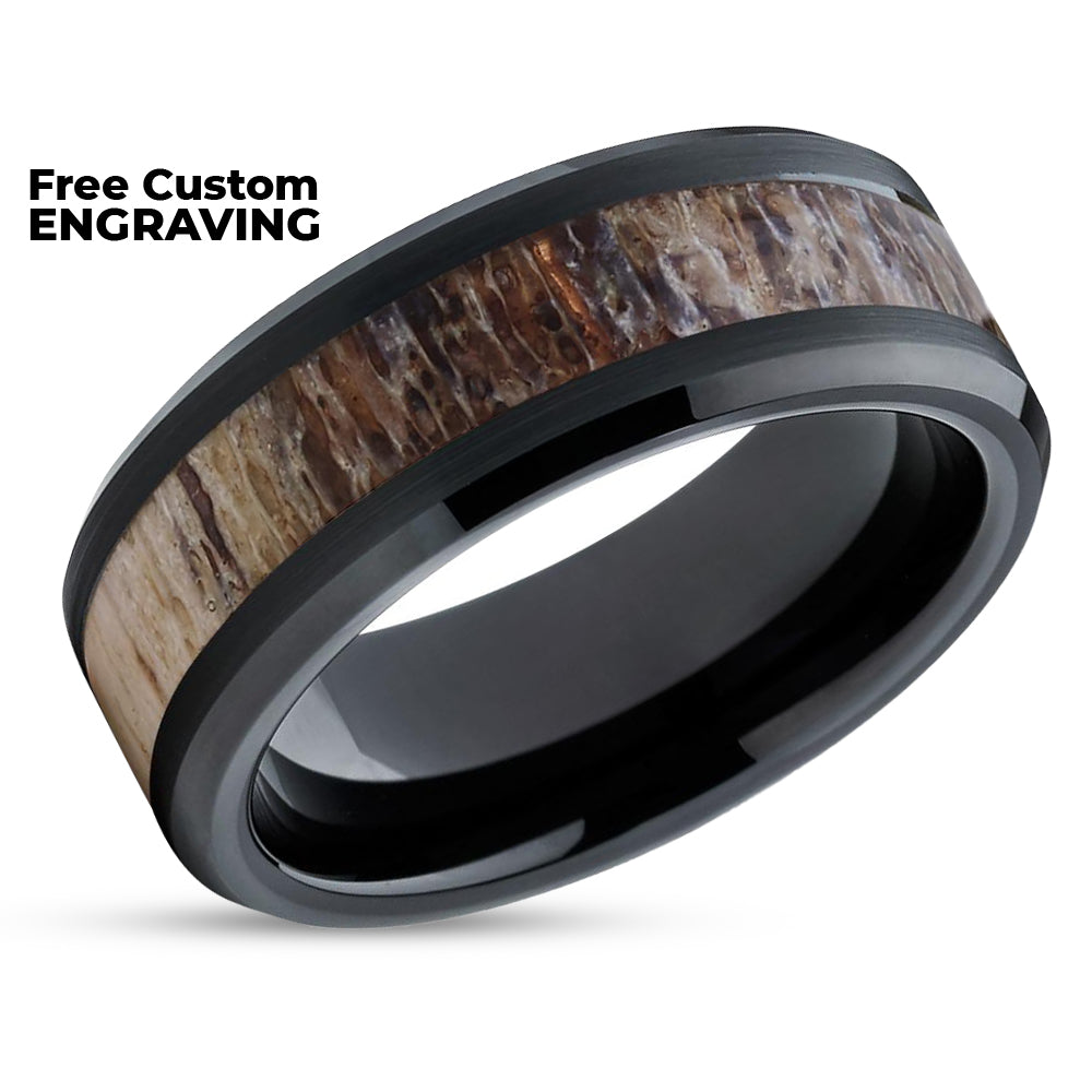 Black Tungsten Wedding Ring - Antler Wedding Ring - Hunters Ring - Tungsten Band Ring
