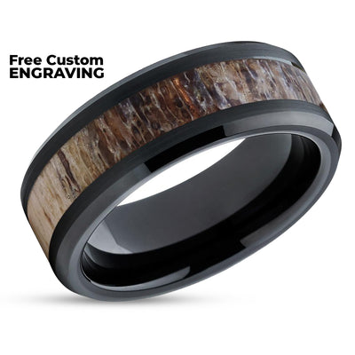 Black Tungsten Wedding Ring - Antler Wedding Ring - Hunters Ring - Tungsten Band Ring