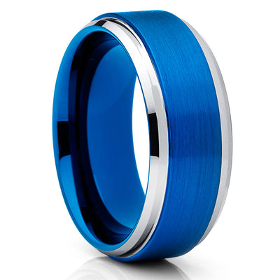 Blue Tungsten Ring - Blue Tungsten Wedding Band - Silver Tungsten Ring - Clean Casting Jewelry