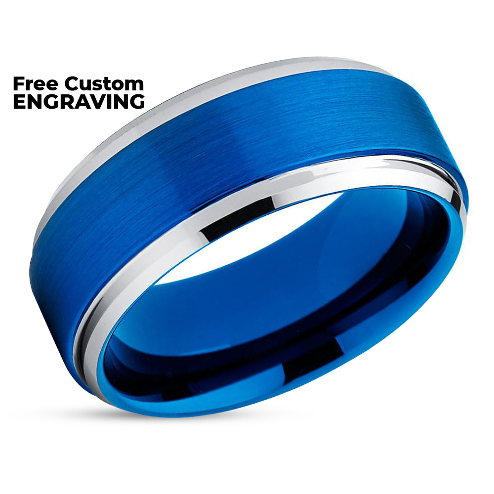 Blue Tungsten Ring - Blue Tungsten Wedding Band - Silver Tungsten Ring - Blue Tungsten