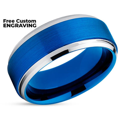 Blue Tungsten Ring - Blue Tungsten Wedding Band - Silver Tungsten Ring - Blue Tungsten