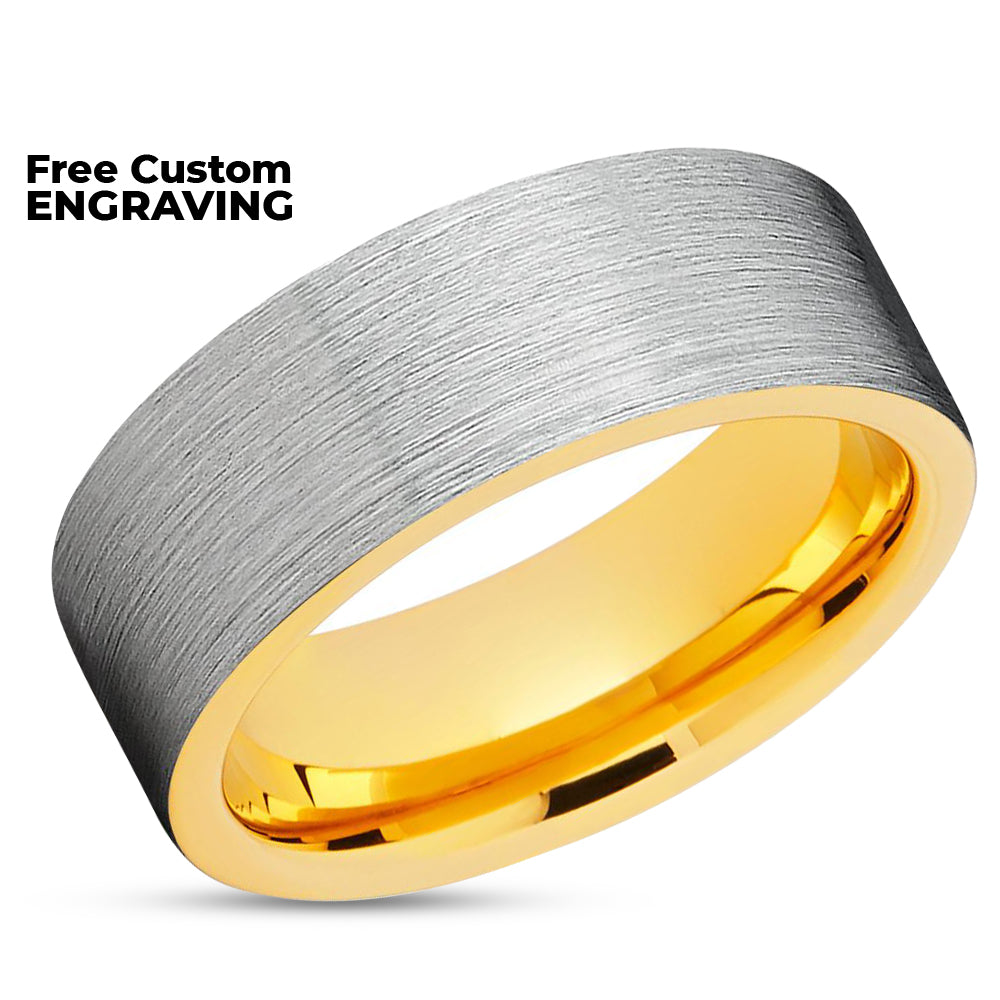 Yellow Gold Tungsten Wedding Ring - Silver Brushed - Tungsten Wedding Band - Gold