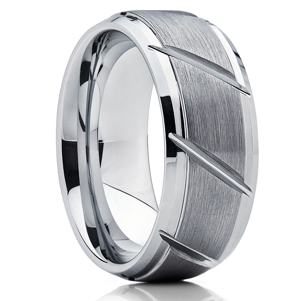 Gray Tungsten Wedding Band - Grooved Ring - Tungsten Carbide Ring - Brush - Clean Casting Jewelry
