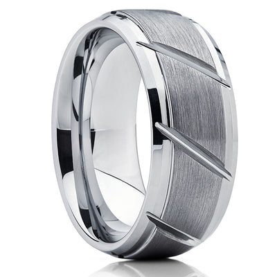Gray Tungsten Wedding Band - Grooved Ring - Tungsten Carbide Ring - Brush - Clean Casting Jewelry