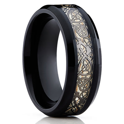 Black Tungsten Ring- Dragon Inlay - Tungsten Wedding Band - Unisex - Clean Casting Jewelry