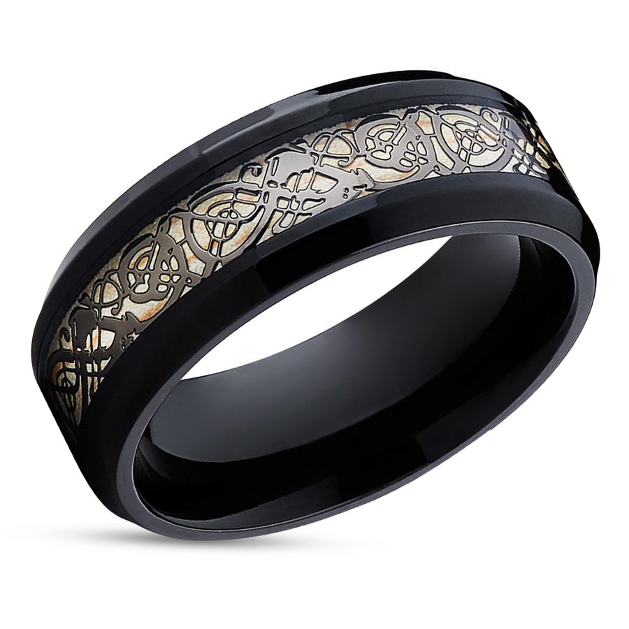 Black Tungsten Ring- Dragon Inlay - Tungsten Wedding Band - Unisex -Black Tungsten Ring