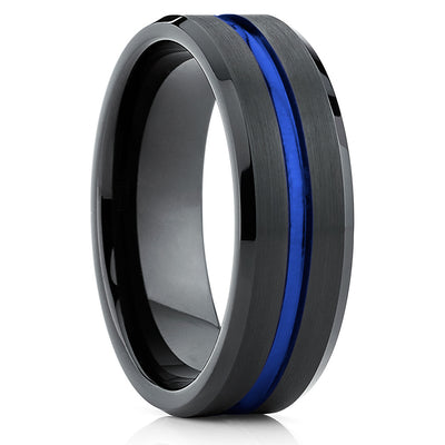 Blue Tungsten Wedding Band - Black Ring - Tungsten Wedding Ring Brush - Clean Casting Jewelry