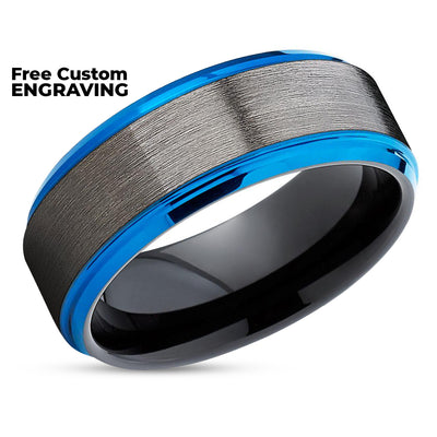 Gunmetal Wedding Band - Blue Wedding Ring - Black Tungsten Ring - Blue Band