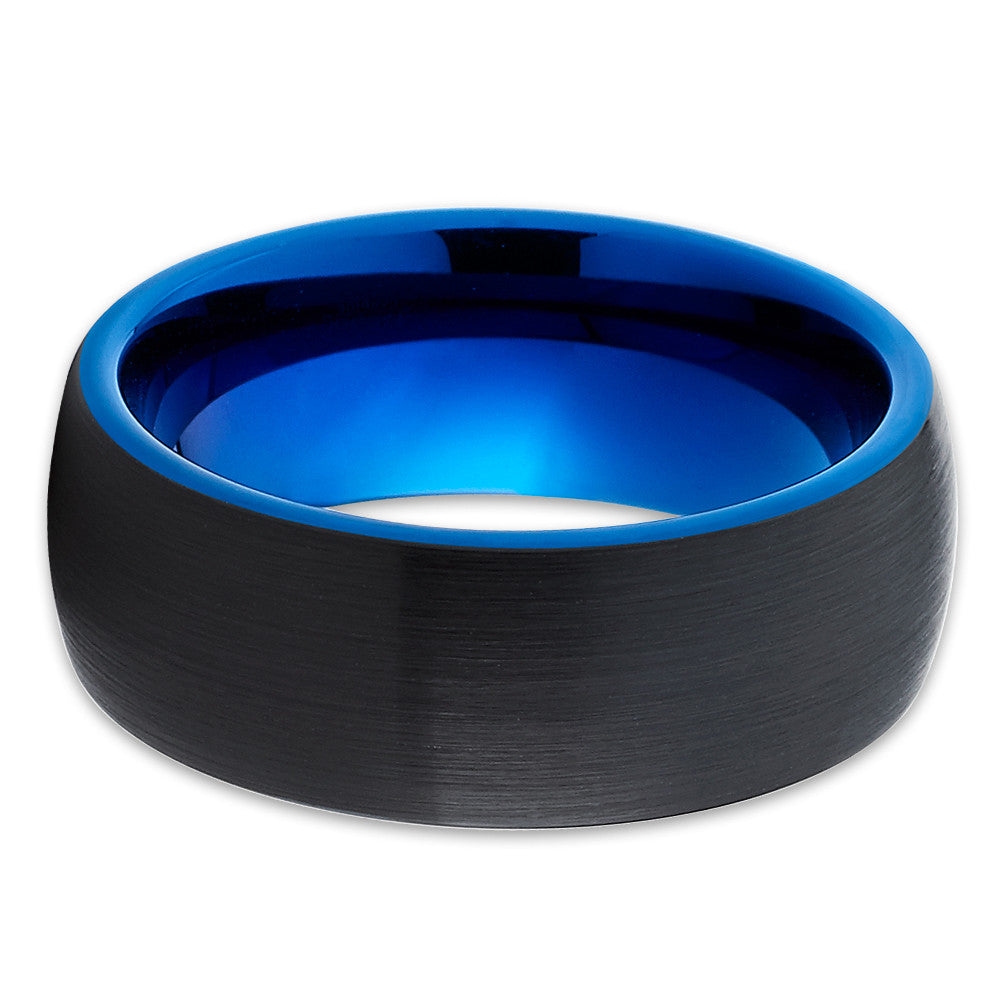 Blue Tungsten Wedding Band - Black Ring - Blue Tungsten Ring - Dome Ring - Clean Casting Jewelry