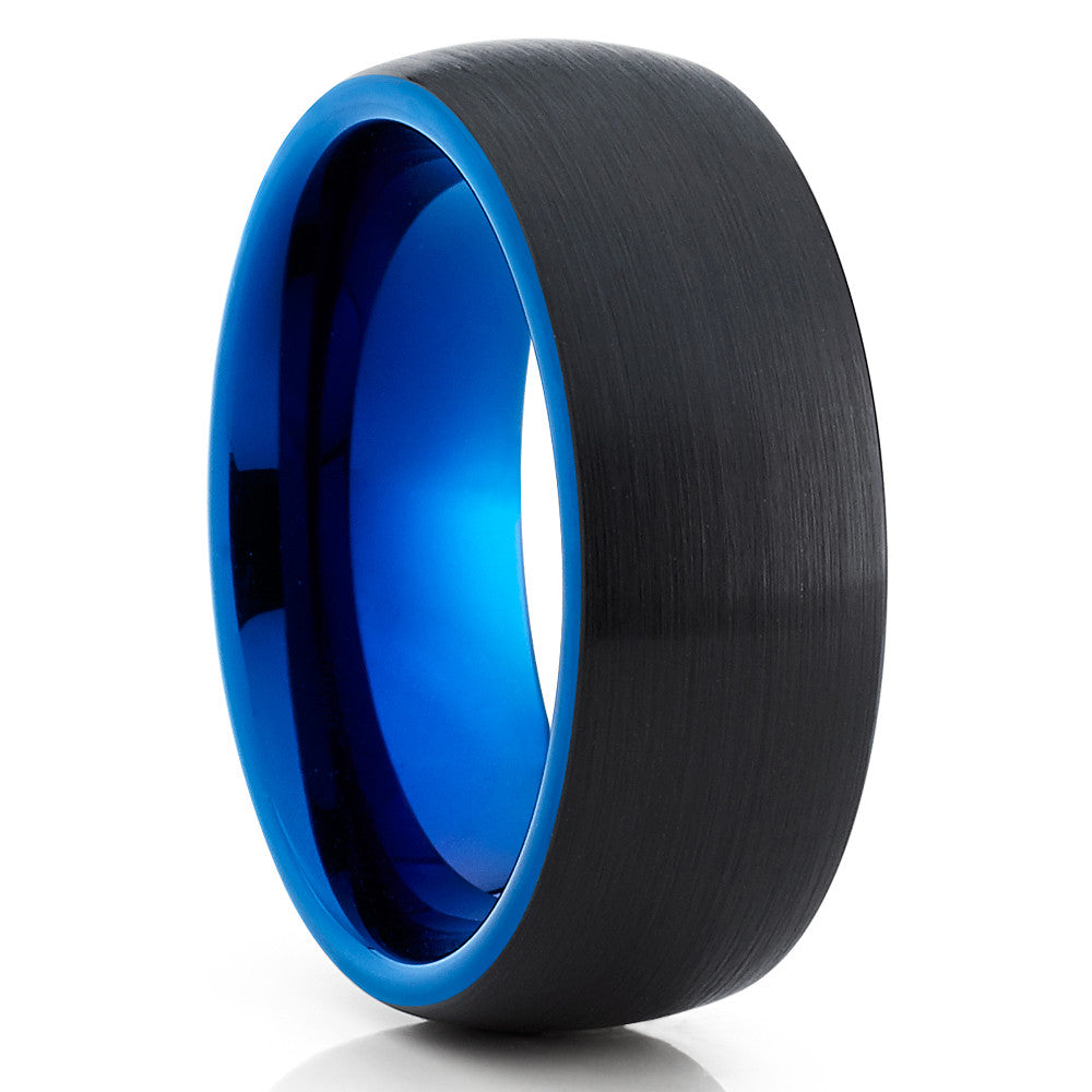 Blue Tungsten Wedding Band - Black Ring - Blue Tungsten Ring - Dome Ring - Clean Casting Jewelry