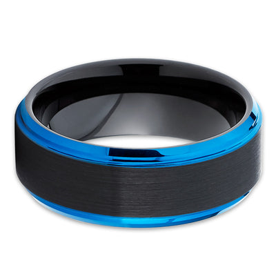 Blue Tungsten Wedding Band - Black Ring - Men's Tungsten Band - Brush - Clean Casting Jewelry