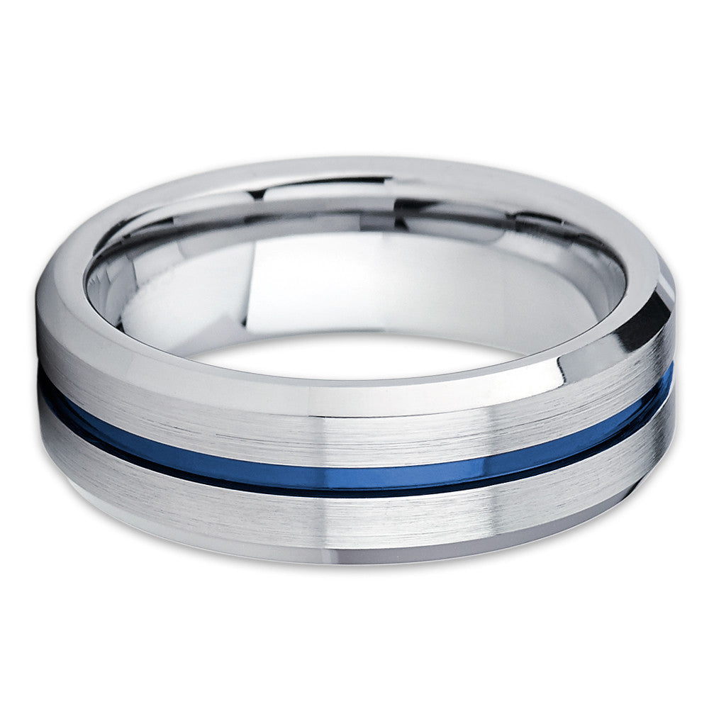 Blue Tungsten Wedding Band - Blue Tungsten Ring - 8mm - Silver Brush - Clean Casting Jewelry