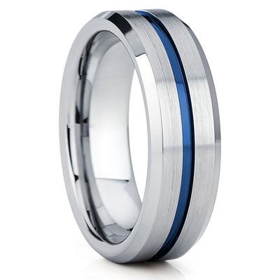 Blue Tungsten Wedding Band - Grooved - Blue Tungsten Ring 8mm - Clean Casting Jewelry