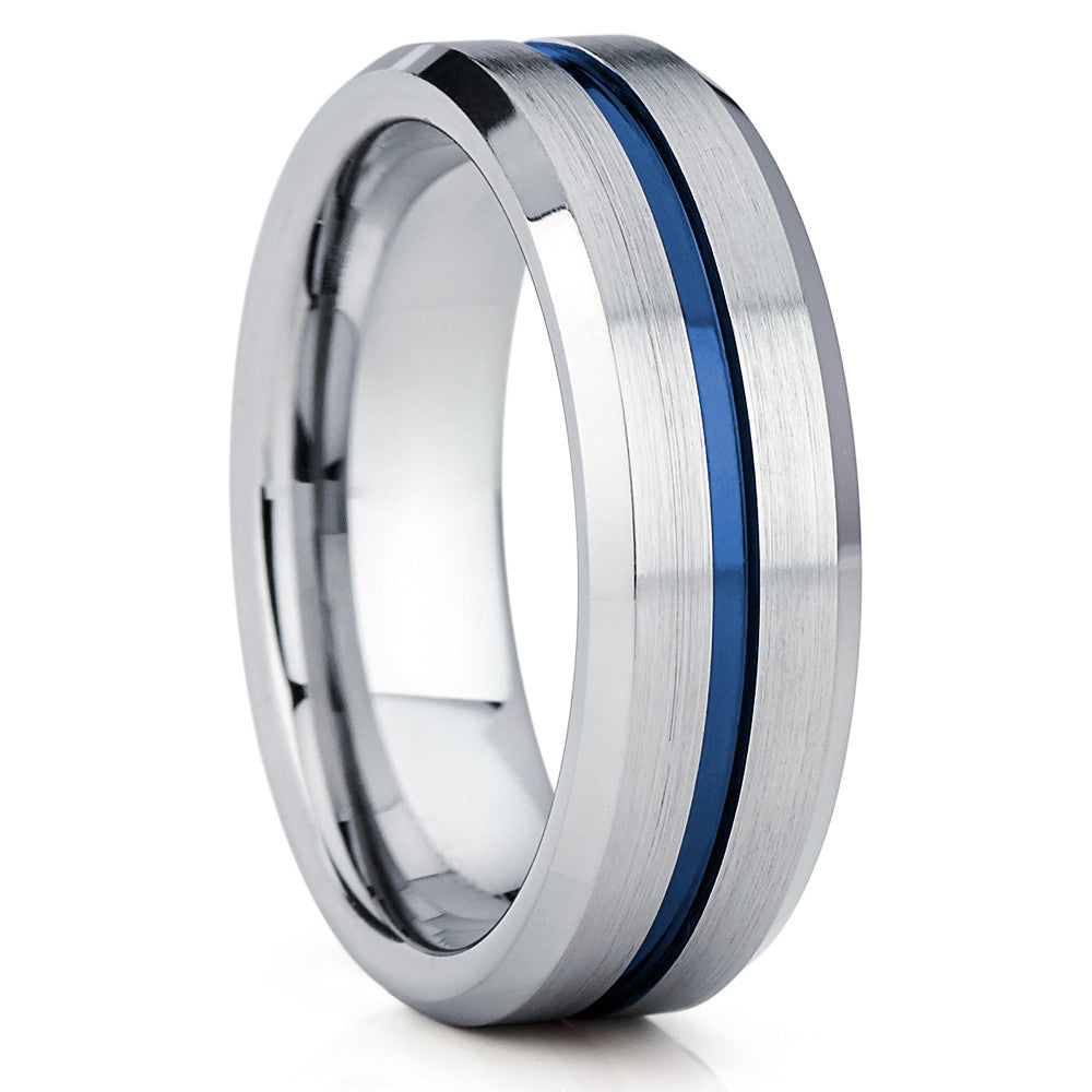 Blue Tungsten Wedding Band - Blue Tungsten Ring - 8mm - Silver Brush - Clean Casting Jewelry