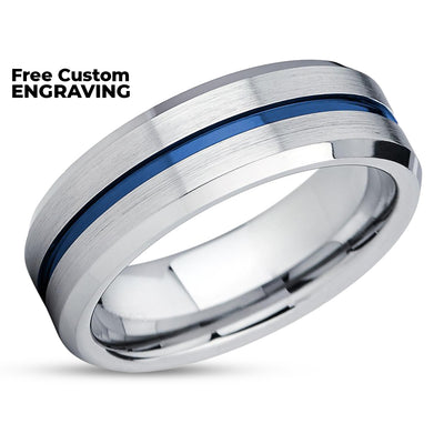 8mm Wedding Ring - Blue Tungsten Ring - Silver Wedding Band - Tungsten Band