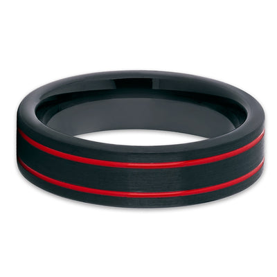 6mm - Red Tungsten Wedding Ring - Black Tungsten Ring - Brush Band - Clean Casting Jewelry