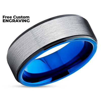 Blue Tungsten Ring - Blue Wedding Ring - Silver Tungsten Ring - Tungsten Wedding Ring