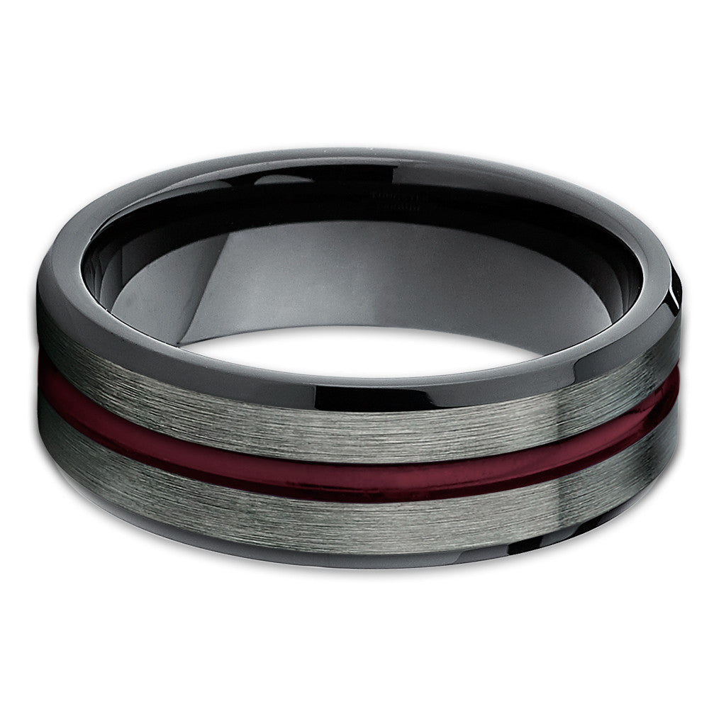 Tungsten Wedding Band - Gunmetal - Tungsten Wedding Ring Maroon Ring - Clean Casting Jewelry