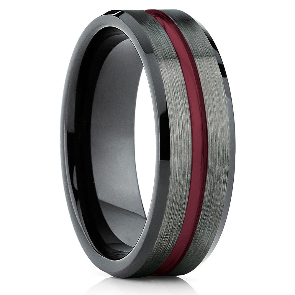 Tungsten Wedding Band - Gunmetal - Tungsten Wedding Ring Maroon Ring - Clean Casting Jewelry