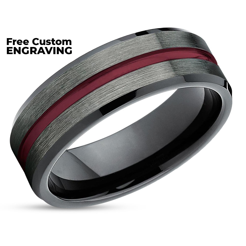 Maroon Wedding Ring - Black Tungsten Ring - Maroon Wedding Band - Black Ring