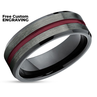 Maroon Wedding Ring - Black Tungsten Ring - Maroon Wedding Band - Black Ring
