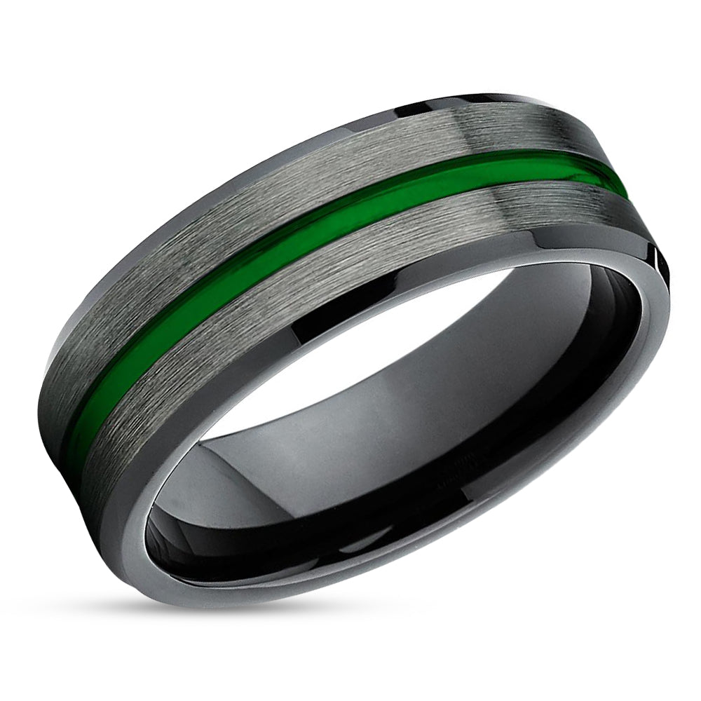 Green Tungsten Wedding Band - Gunmetal - Tungsten Wedding Band - Men's - Green Ring