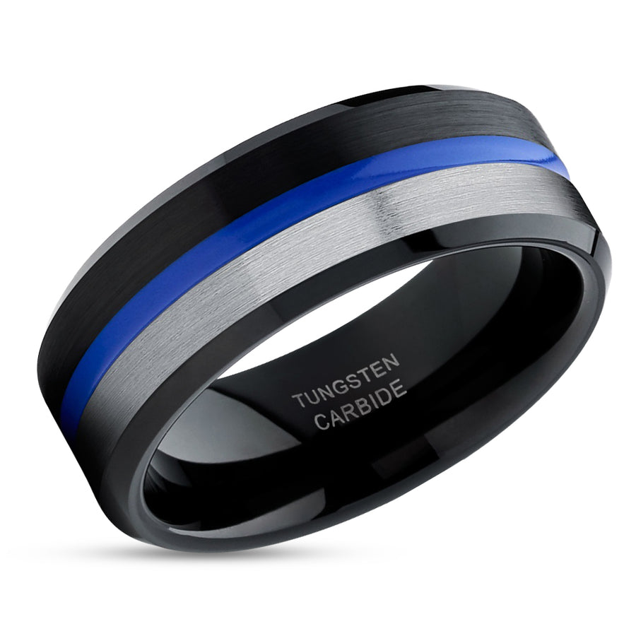 Blue Tungsten Wedding Ring - Black Tungsten Ring - Blue Wedding Band - Tungsten Carbide Ring