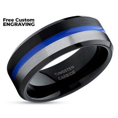 Blue Tungsten Wedding Ring - Black Tungsten Ring - Blue Wedding Band - Tungsten Carbide Ring