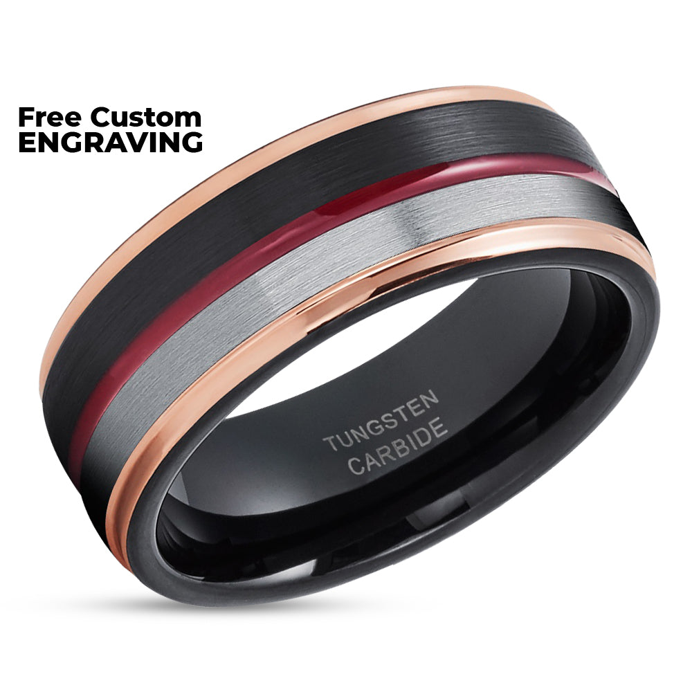 Maroon Wedding Ring - Tungsten Wedding Ring - Maroon Wedding Band - Rose Gold Ring