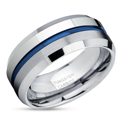 Blue Tungsten Ring - Silver Wedding Ring - Blue Wedding Band - Tungsten Wedding Band