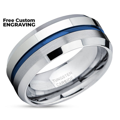 Blue Tungsten Ring - Silver Wedding Ring - Blue Wedding Band - Tungsten Wedding Band
