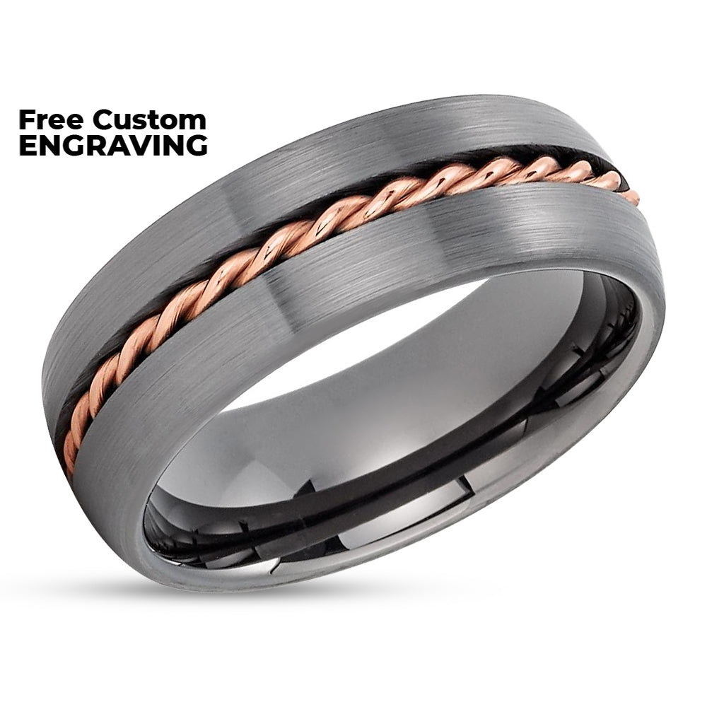 Gunmetal Tungsten Ring - Rose Gold Wedding Ring - Gunmetal Tungsten Band - Braid Ring