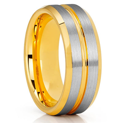 Men's Tungsten Wedding Band - Yellow Gold Tungsten - 8mm Tungsten Ring - Clean Casting Jewelry