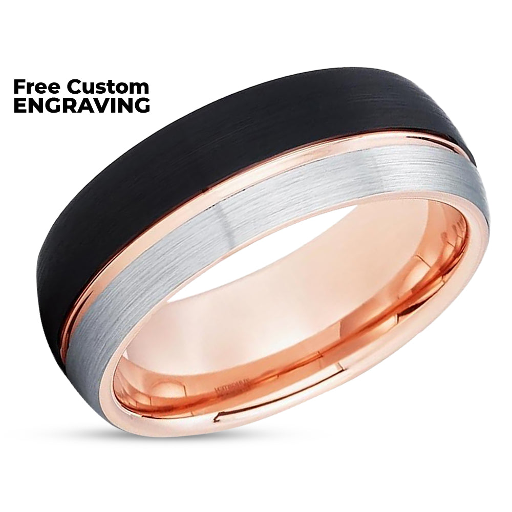 Rose Gold Wedding Ring - Black Tungsten Ring - Black Wedding Band - Tungsten Carbide