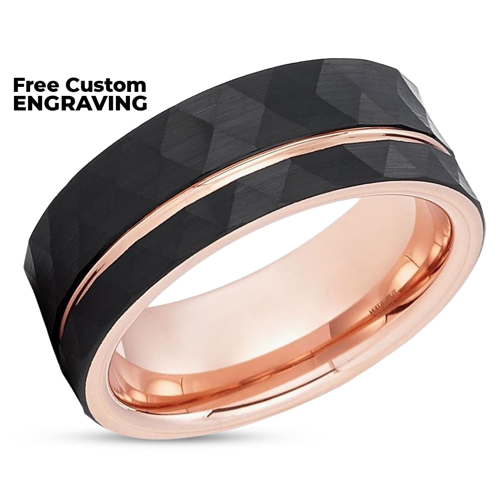 Rose Gold Tungsten Wedding Ring - 8MM Tungsten Ring - Hammered Ring -  Men's Wedding Ring