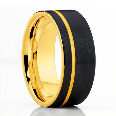 Yellow Gold Tungsten Wedding Band - Black Tungsten Ring - Men's Tungsten