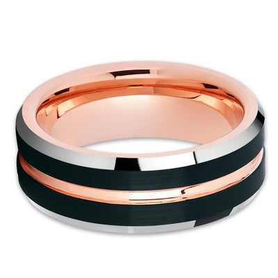 Rose Gold Wedding Ring - Black Tungsten Ring - Tungsten Carbide Ring - Black Ring - Rose Gold