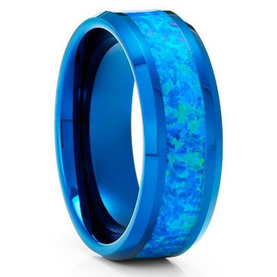 Blue Opal Wedding Ring - Blue Tungsten Ring - Blue Opal Ring - Wedding Band - 8mm