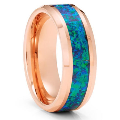 Blue Opal Tungsten Wedding Ring - Opal Wedding Rings - Rose Gold Tungsten Ring - 8mm