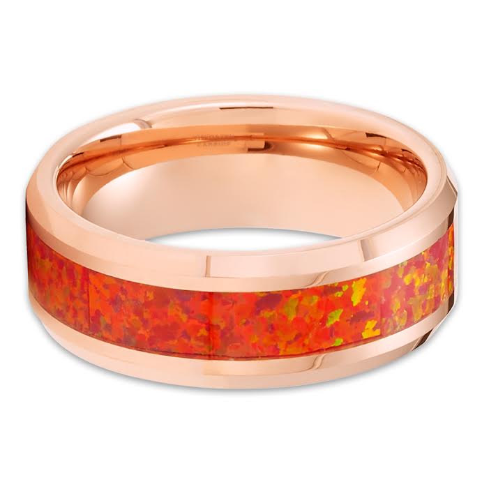 Opal Tungsten Wedding Rings - Orange Wedding Band - Opal Wedding Band - Rose Golf