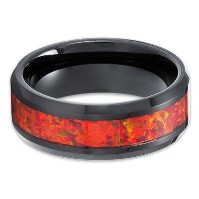 Opal Wedding Rings - Black Tungsten Ring - Opal Wedding Band - 8mm Opal Ring