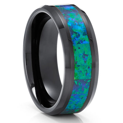 Opal Tungsten Wedding Rings - Green Opal Ring - Black Tungsten Ring - 8mm Ring