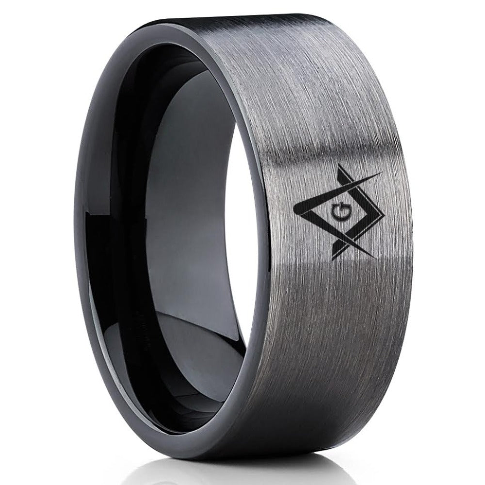 Masonic Wedding Band - Gunmetal Tungsten Ring - Masonic Wedding Ring - Black