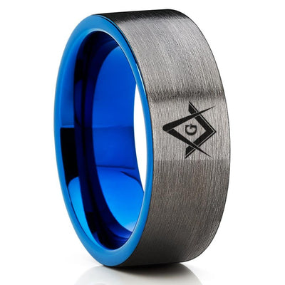 Masonic Wedding Band - Blue Tungsten Ring - Masonic Wedding Ring - 8mm - Clean Casting Jewelry