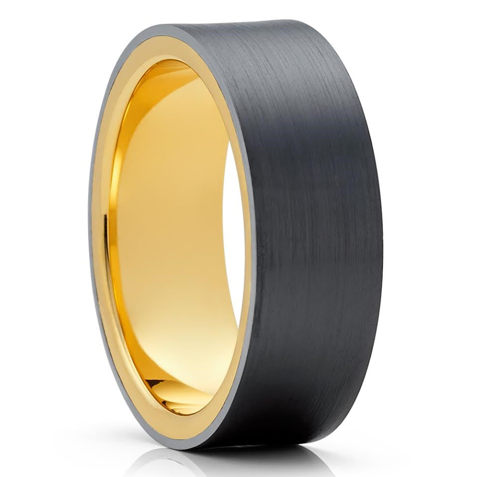 Zirconium Wedding Ring - Black Zirconium Ring - Yellow Gold Ring - Engagement Ring - 14k Gold