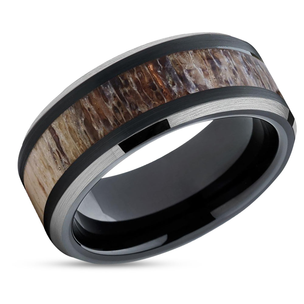 Deer Antler Wedding Band - Black - Deer Antler Ring - Tungsten Band - 10mm