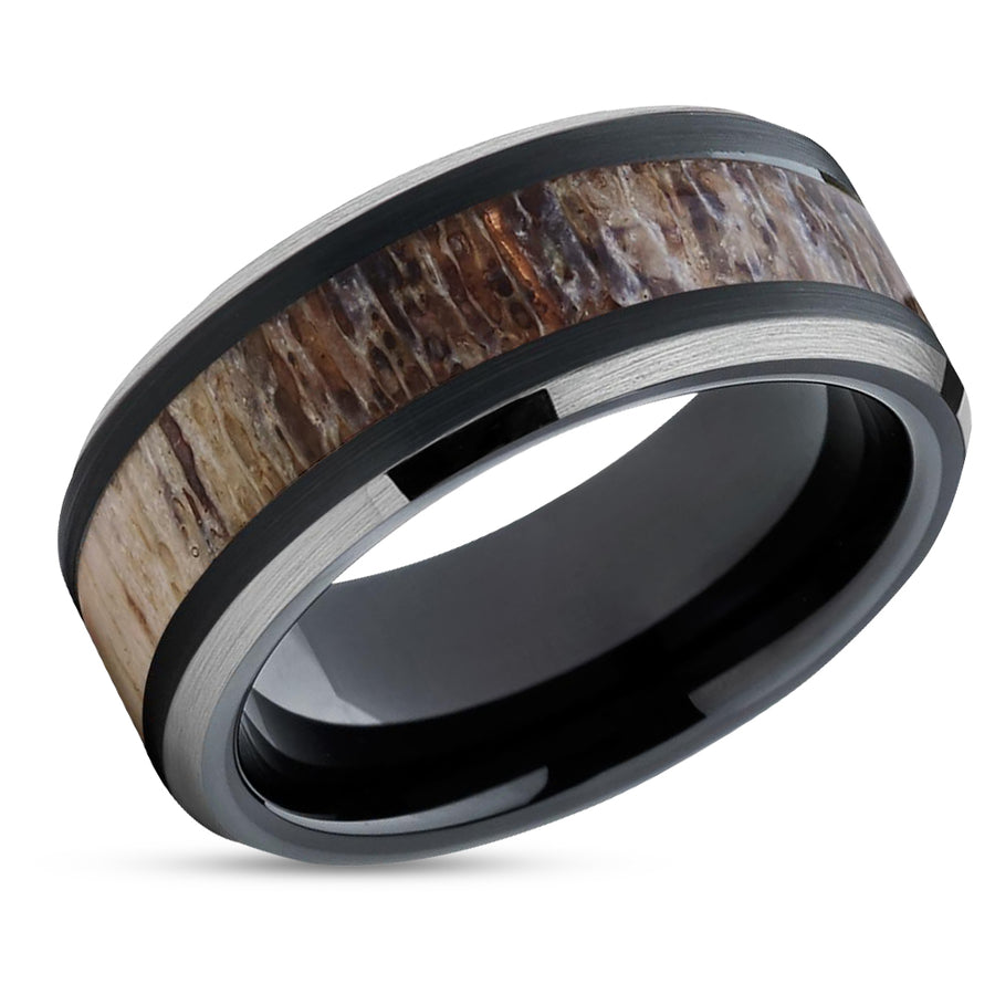 Deer Antler Wedding Band - Black - Deer Antler Ring - Tungsten Band - 10mm