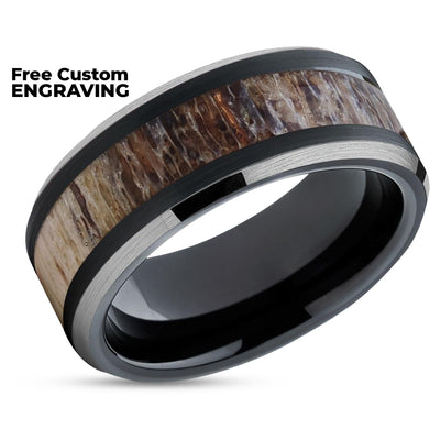Deer Antler Wedding Band - Black - Deer Antler Ring - Tungsten Band - 10mm